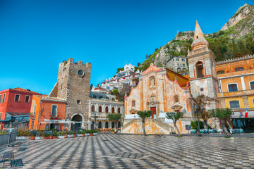 Belvedere of Taormina and San Giuseppe church on the square Piazza IX Aprile in Taormina