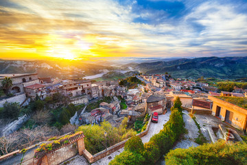 Sunrise over old famous medieval village Stilo in Calabria