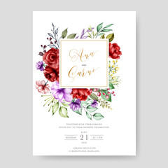 watercolor floral and leaves wedding card template 