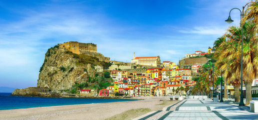 Beautiful seaside town village Scilla with old medieval castle on rock Castello Ruffo