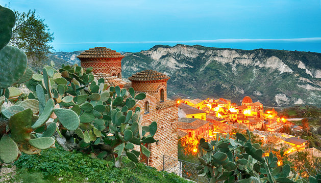 Sunset over old famous medieval village Stilo in Calabria