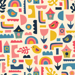 Scandinavian kids pattern birds rainbows and shapes. Seamless vector background.