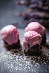Chocolate cakes with lavender cream, selective focus