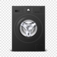 Vector 3d Realistic Modern Black Steel Washing Machine Icon Closeup Isolated on Transparent Background. Design Template of Wacher. Front View, Laundry Concept