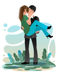 The young guy is holding his girlfriend. A couple in love in nature - a woman gently hugs a man who holds her in her arms. Romantic illustration, flat vector template.