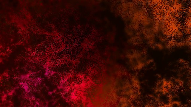 Abstract flowing particles. Hot burning surface like lava or chemical reaction. Small particles moving on red and dark background. Futuristic chaotic motion animation.  