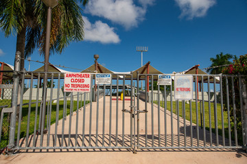 Entrance to the Miami Bayfront Park Amphitheather closed with no trespassing signs posted