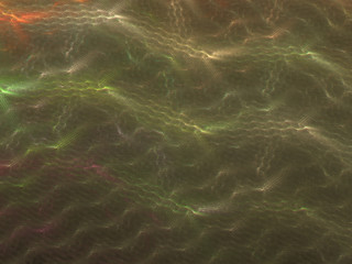 3d Illustration - Metallic background, green colored abstract geometric patterns. Textured repeating fractal shapes, symmetrical shapes, light and shadows giving a 3d lighting effect.