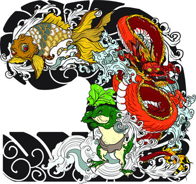 Traditional Japanses Frog ,dragon and gold fish tattoo with water wave and peony flower and lotus leaf and red sun.Green Frog with Japanese wave vector and wallpaper style.