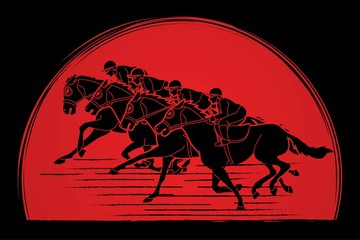 Group of Jockeys riding horse, sport competition cartoon sport graphic vector