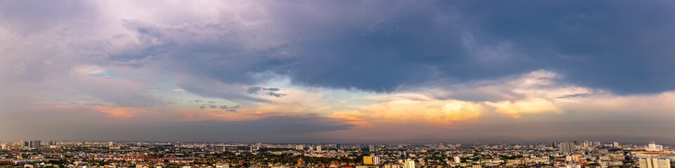 Fototapeta premium Beautiful Cityscape or Metropolis and beautiful sky, clouds of Bangkok Thailand at high Building that the building is higher than other buildings in Thailand with panorama view in evening time