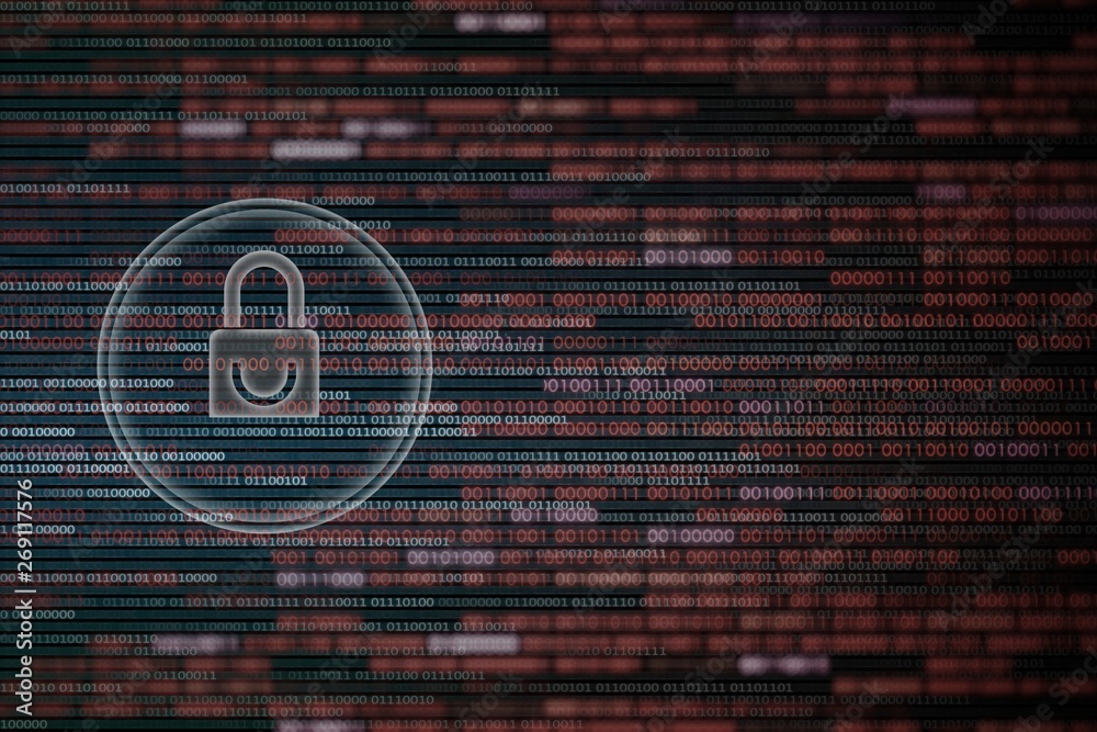 Poster surfing dangerous internet environment. blue padlock icon on red and blue binary bit code background