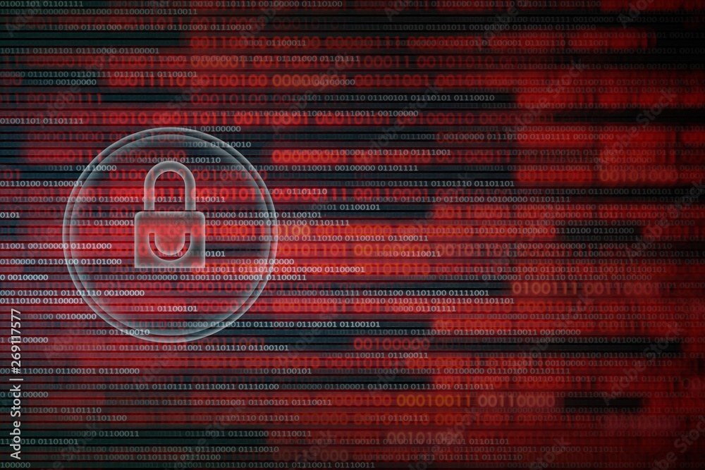 Poster surfing dangerous internet environment. blue padlock icon on red and blue binary bit code background