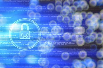 white padlock icon on blue binary code background defocused light bokeh. digital world cyber security hacker and virus protection concepts. data bubbles.