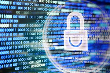 white padlock icon on blue binary code background defocused light bokeh. digital world cyber security hacker and virus protection concepts. data bubbles.