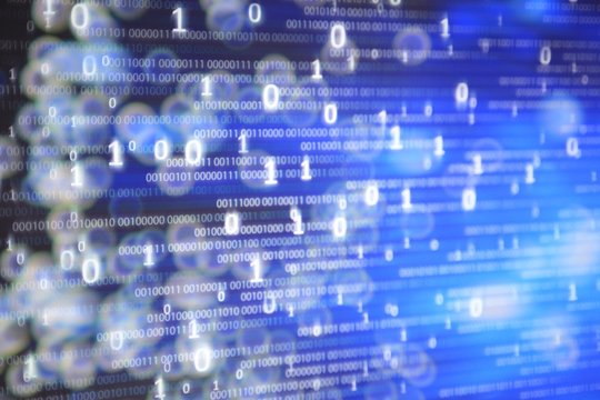data bubbles. blue binary code with defocused light bokeh. inspirational computer data matrix transfer. data medium and cloud server drive concept.