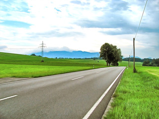 Fototapeta na wymiar Watercolor landscape. The road to the field.