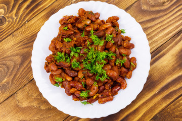 Traditional georgian kidney beans dish lobio on wooden table
