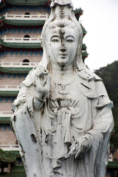 Guanyin or Guan Yin bodhisattva goddess statue for chinese people visit respect praying at Tiantan temple in Tian tan garden at Shantou or Swatow in Chaozhou, China