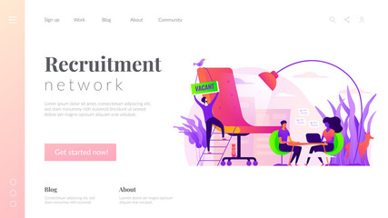 Recruitment agency, human resources service, recruitment network and candidate interview concept. Website homepage interface UI template. Landing web page with infographic concept hero header image.