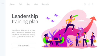 Business leadership, managing skills, leadership training plan and success achievement concept. Website homepage interface UI template. Landing web page with infographic concept hero header image.