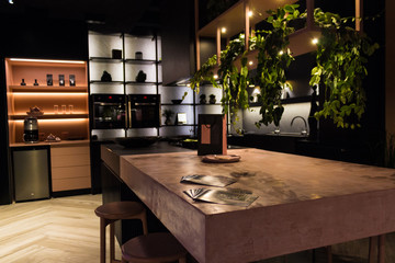 Luxury kitchen in black and pink, modern and beautiful