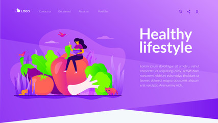Vegetarianism, vegetarian diet, meat abstaining, healthy lifestyle concept. Website homepage interface UI template. Landing web page with infographic concept hero header image.