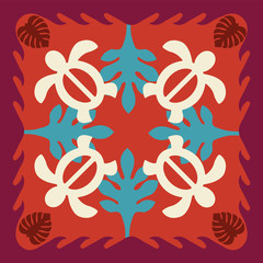 Hawaiian quilt illustration, nature, turtle, honu, leaves, background, fabric, textiles, summer image