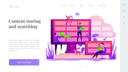Naklejka premium Digital learning, online database, content storing and searching, ebooks and e-library concept. Website homepage interface UI template. Landing web page with infographic concept hero header image.