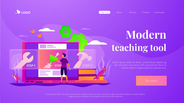 Education video, modern teaching tool, interactive learning and video tutorial concept. Website homepage interface UI template. Landing web page with infographic concept hero header image.