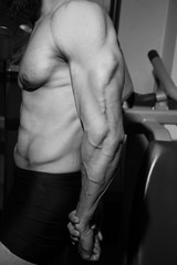 Fototapeta na wymiar Closeup of Strong Athletic Man Fitness Model posing back muscles, triceps, Black and White - Image