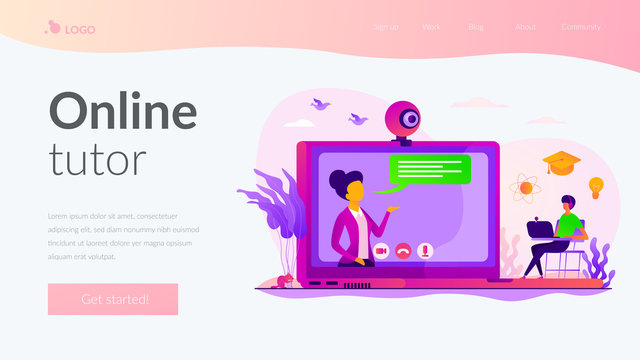 E-learning course. Virtual lecturer modern education technology. Online tutor, on-demand homework help, English teacher online concept. Website homepage header landing web page template.