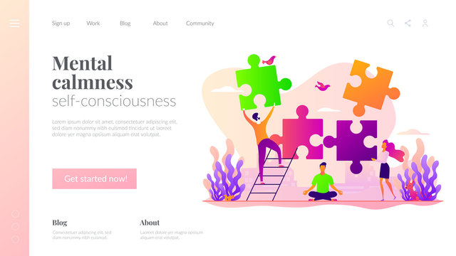 Mindful meditating, mental calmness and self-consciousness, focusing and releasing stress concept. Website homepage interface UI template. Landing web page with infographic concept hero header image.