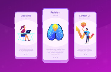 Brain, lightbulb and business team solving problem. Innovative solution, problem-solving and crisis management concept on white background. Mobile UI UX GUI template, app interface wireframe