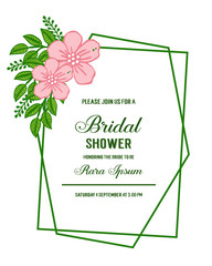 Vector illustration card bridal shower with various beauty pink flower frame