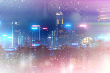 Obraz premium Abstract colorful bokeh with city night background. Double exposure