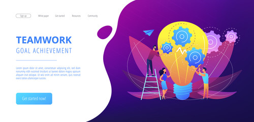 Huge lightbulb and business team holding gears. Teamwork and collaboration, goal achievement, colleagues and workforce concept on white background. Website vibrant violet landing web page template.