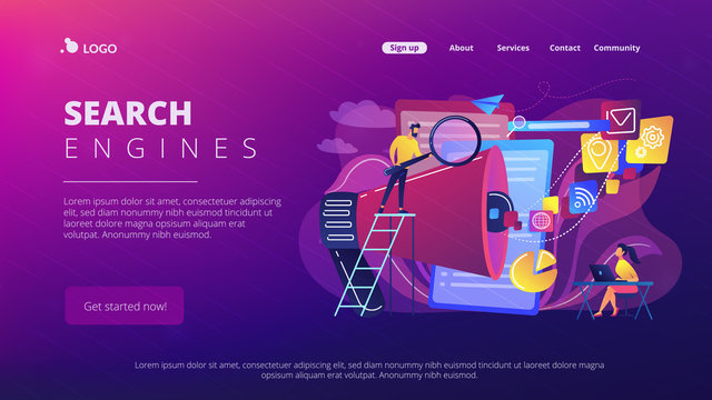 Business team with megaphone and media icons work on search engines optimization. Online marketing, seo tools concept on white background. Website vibrant violet landing web page template.