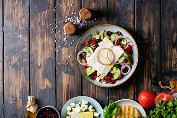 Feta cheese salad in ceramic bowl