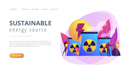 Fototapeta premium Engineers working at nuclear power plant reactors releasing energy. Nuclear energy, nuclear power plant, sustainable energy source concept. Website vibrant violet landing web page template.