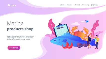 Tiny business people reading menu and sea food products, fish and crab. Seafood menu, seafood nutrition diet, marine products shop concept. Website homepage landing web page template.