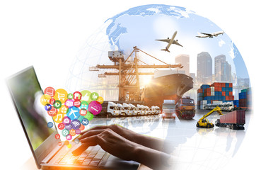 Social, media, Marketing and Internet of things (IOT) concept, Global business of Container Cargo...