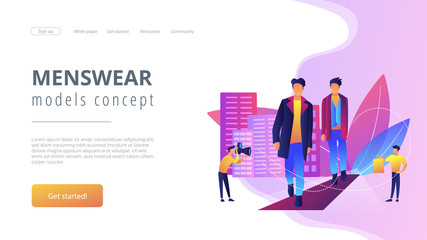 Catwalk male models display clothes on runway fashion show and event for media. Men fashion, style clothing, menswear models concept. Website vibrant violet landing web page template.