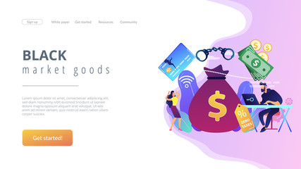 Hacker at laptop commiting financial fraud and stealing huge bag with money. Financial crime, money laundering, black market goods concept. Website vibrant violet landing web page template.