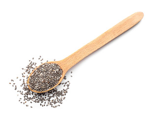 Spoon with chia seeds on white background