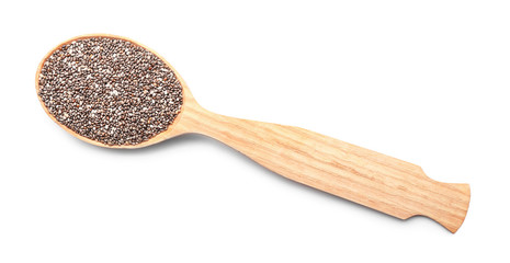 Spoon with chia seeds on white background