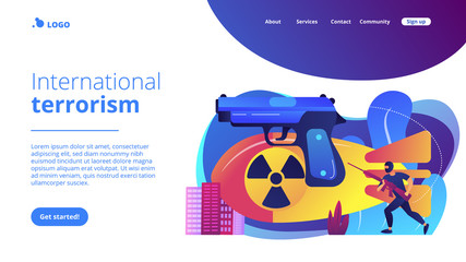 Armed terrorist in mask with nuclear bomb and weapon in city. International terrorism, terrorist groups, counter terrorist operation concept. Website vibrant violet landing web page template.