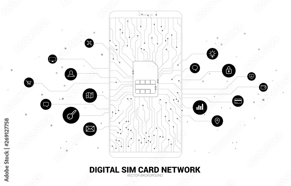 Leinwandbilder Vector Polygon dot connect line shaped sim card icon in mobile phone circuit board style with functional icon. Concept for mobile sim card technology and network.