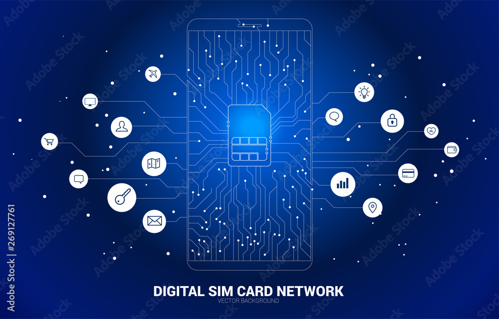 Poster Vector Polygon dot connect line shaped sim card icon in mobile phone circuit board style with functional icon. Concept for mobile sim card technology and network.