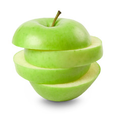 Sliced green apple isolated on white background.